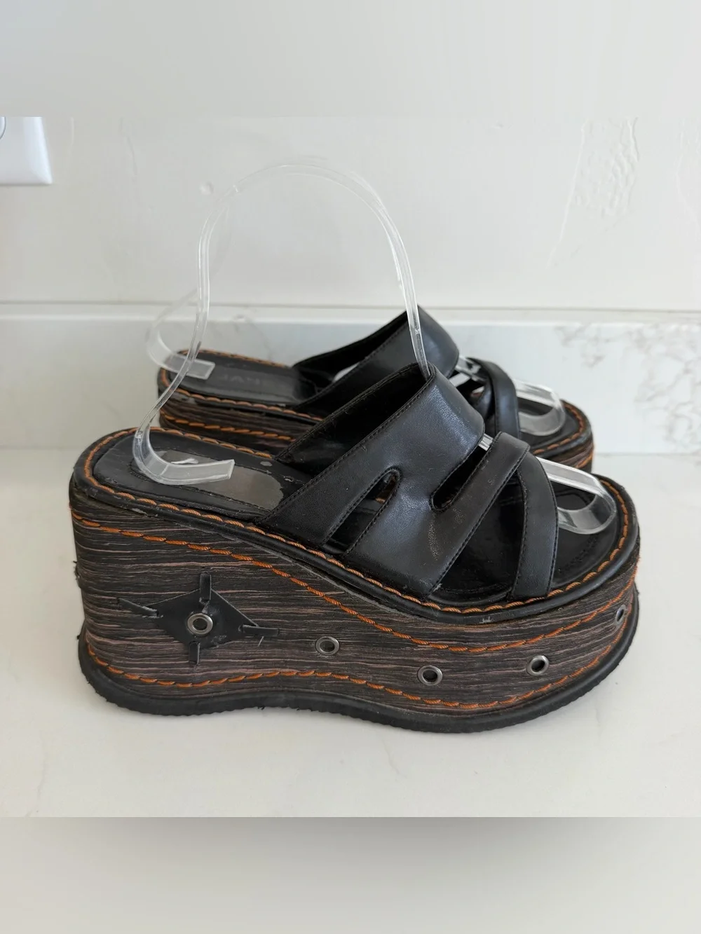 Vintage Jane C Chunky Wedge Sandals Gothic 90s Y2K Black Foam Faux Leather